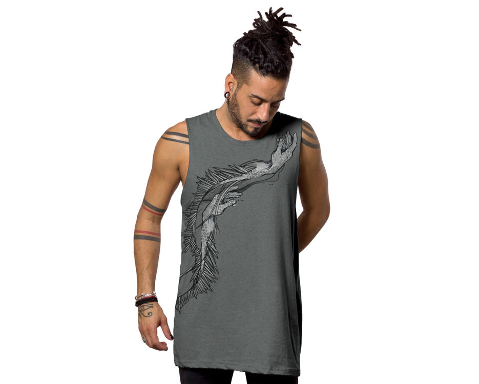 man tank top with a jally fish print in dark gery 
